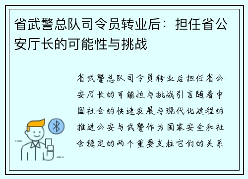 省武警总队司令员转业后：担任省公安厅长的可能性与挑战