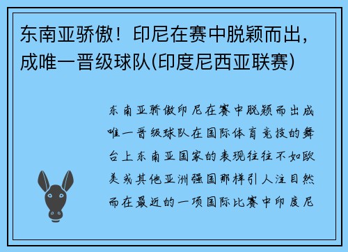 东南亚骄傲！印尼在赛中脱颖而出，成唯一晋级球队(印度尼西亚联赛)
